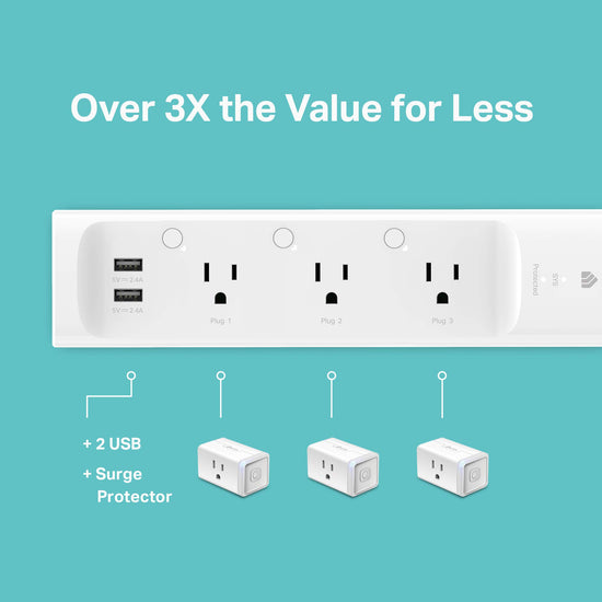 Kasa smart plug power strip - 3 smart outlets and 2 USB ports, works with Alexa and Google Home.