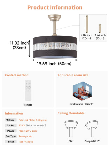 MizWacky gold crystal fandelier ceiling fan with lights and remote control 20 inch