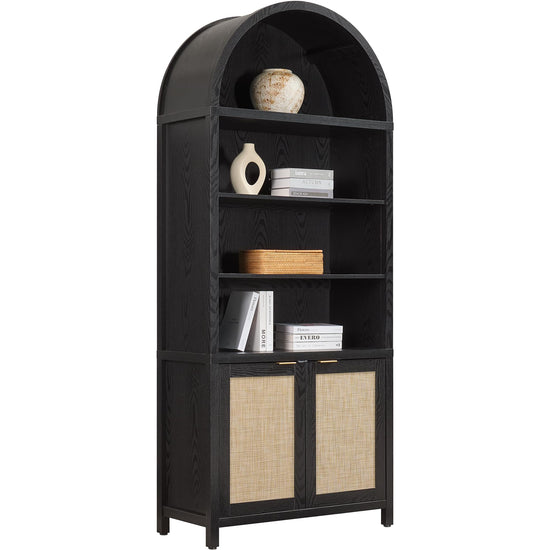 SICOTAS shelf — Arched cabinet bookshelf with doors and rattan accents 84.2 tall