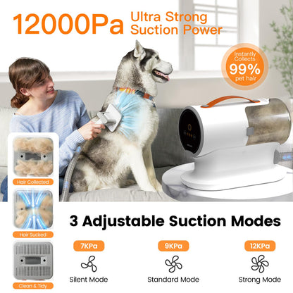 AIRROBO dog grooming vacuum with 7 grooming tools and 12000Pa suction power.