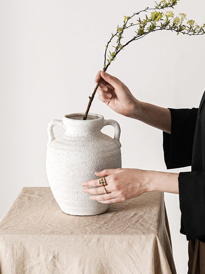 White Ceramic Vase with Handles, 9.5Inch, Farmhouse Rustic, Gritstone White