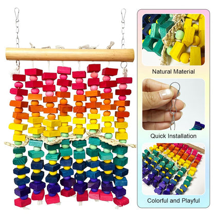 KTCWPAW Large Parrot Chew Wall Toy, Natural Wood Bird Cage Foraging Play Wall with Colorful Wooden Blocks, Hanging Shredder Toy for Macaws, Cockatoos, African Greys, Medium to Large Parrots