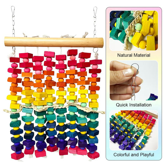 KTCWPAW Large Parrot Chew Wall Toy, Natural Wood Bird Cage Foraging Play Wall with Colorful Wooden Blocks, Hanging Shredder Toy for Macaws, Cockatoos, African Greys, Medium to Large Parrots
