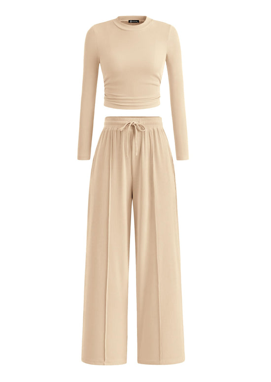 Coordinated outfit — PrettyGarden women's long sleeve crop top and wide leg pants set