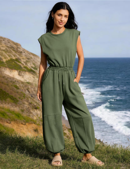 Flygo womens jumpsuit with pockets and drawstring waist