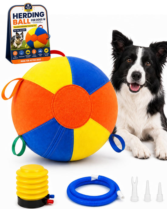 10/18/22 Inch Herding Ball Calming Jumbo Durable Tear-Resistant Inflatable Dog Toy Heavy-Duty Handle Cover Pump Outdoor Play Exercise Training Large Breeds Border Collie Cattle Horse Waterproof (18IN)