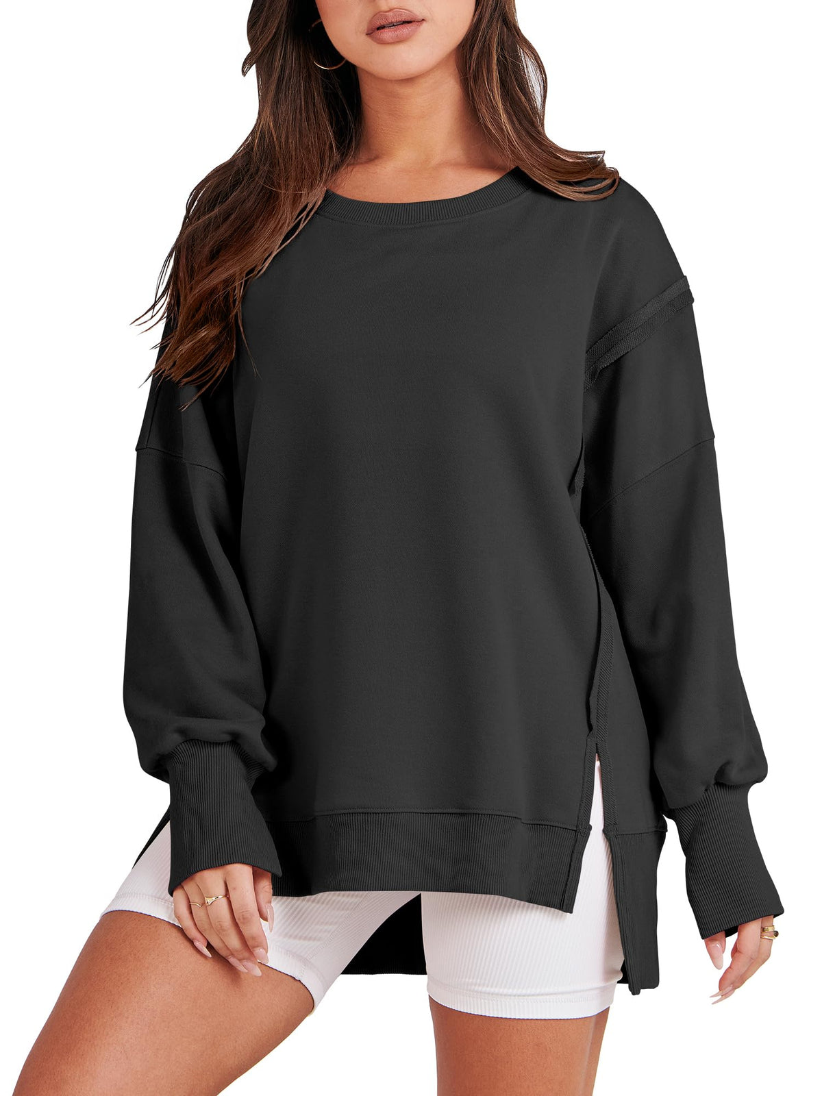 ANRABESS womens sweatshirt - oversized crew neck with side slit detail