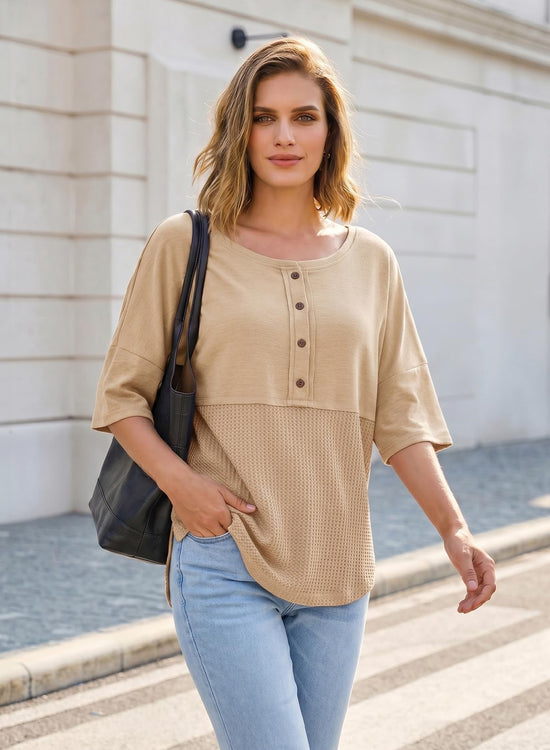 Dokotoo women's oversized waffle knit shirt with 3/4 sleeves and buttons