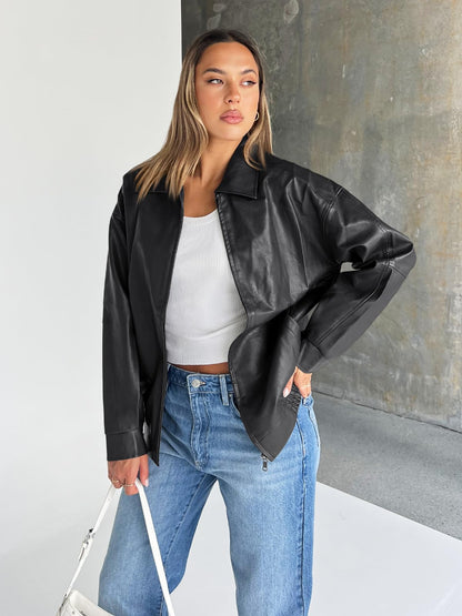 Coat — oversized leather moto bomber jacket by Trendy Queen for spring and fall