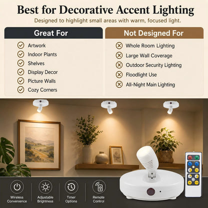 HONWELL Wireless LED Spotlights 2 Pack Accent Light Puck Lights with 2 Remote, Indoor Closet Lights with Rotatable Head,Stick on Artwork Lighting, Picture Light for Paintings