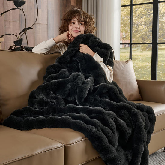 Lotus Karen faux fur throw blanket — Bubble rabbit fluff design in grey