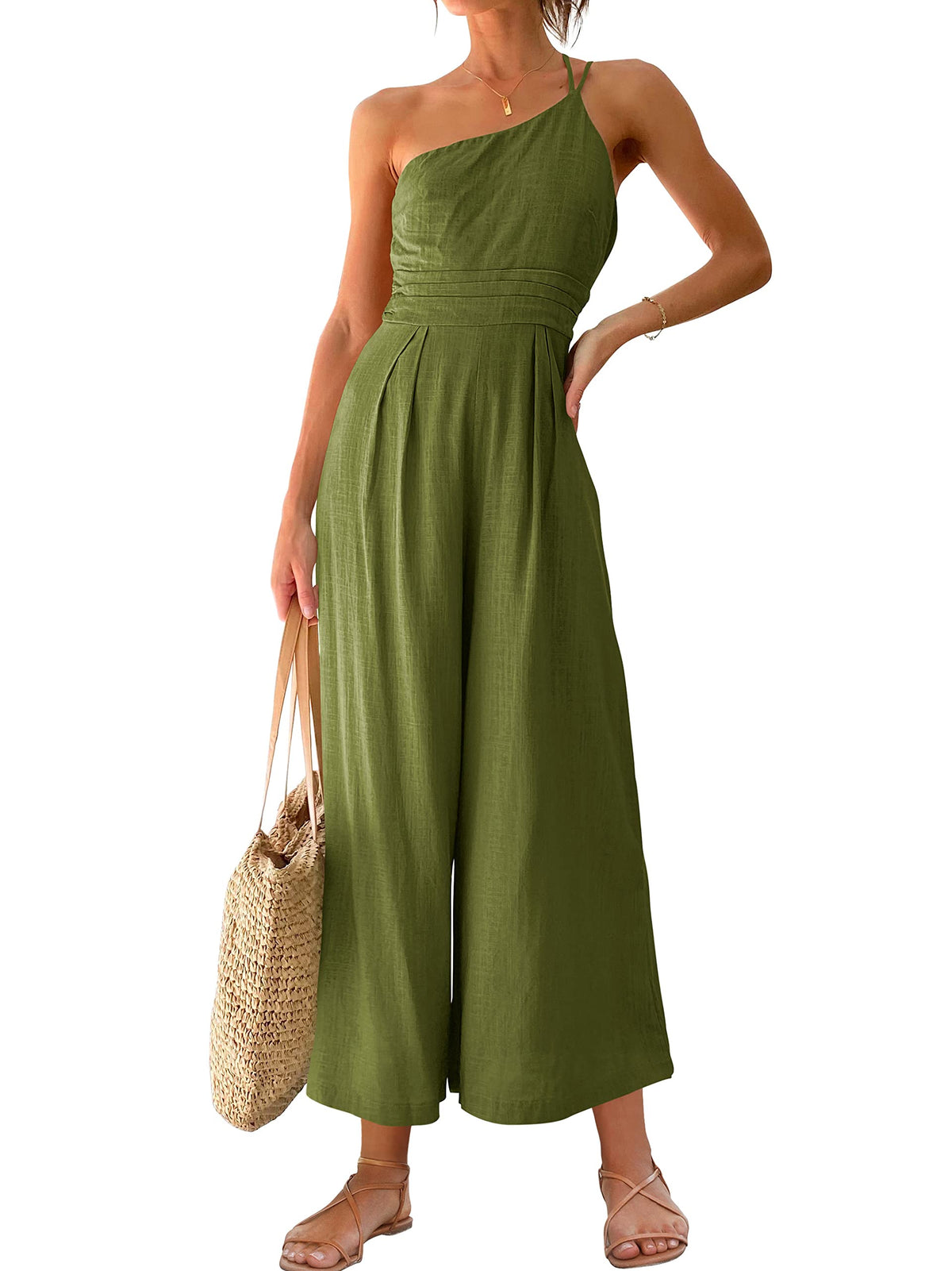 ANRABESS one shoulder high waist linen jumpsuit romper for beach travel outfits