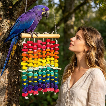 KTCWPAW Large Parrot Chew Wall Toy, Natural Wood Bird Cage Foraging Play Wall with Colorful Wooden Blocks, Hanging Shredder Toy for Macaws, Cockatoos, African Greys, Medium to Large Parrots