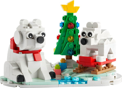 LEGO building blocks — wintertime polar bears with Christmas tree and two toys