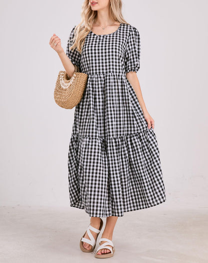 Dress — Retro plaid lantern puff sleeve midi dress by chouyatou