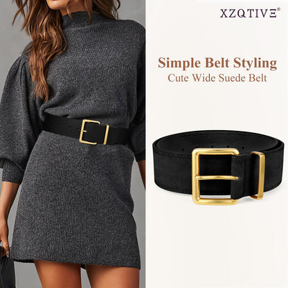 Apparel belt — Wide chunky suede belt with gold buckle by XZQTIVE