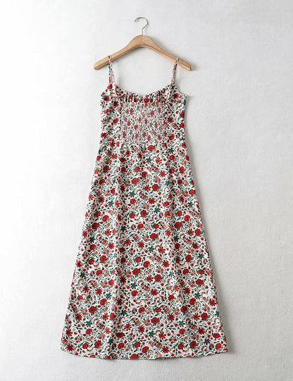 Omoone womens floral dress - low-cut square neck with spaghetti straps and tie detail