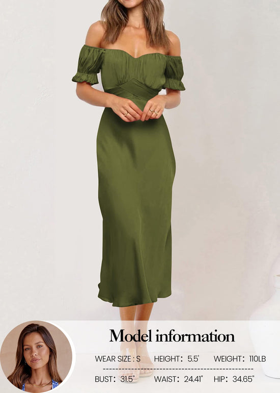 KIRUNDO women's satin wedding guest midi dress with off the shoulder design