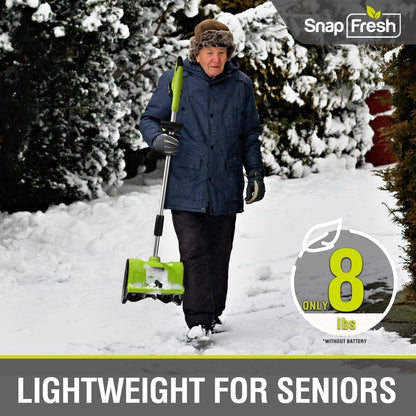 SnapFresh snow blower — 20V cordless design with adjustable handle and battery included