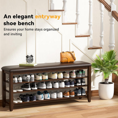 Bench with leather cushion and adjustable shelves for entryway storage
