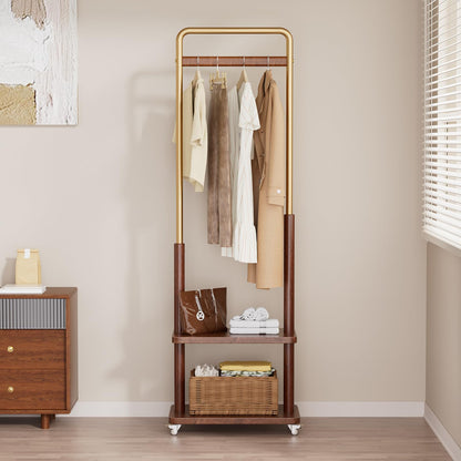 Taitiy clothes rack - Solid wood with double shelf and wheels for freestanding storage.