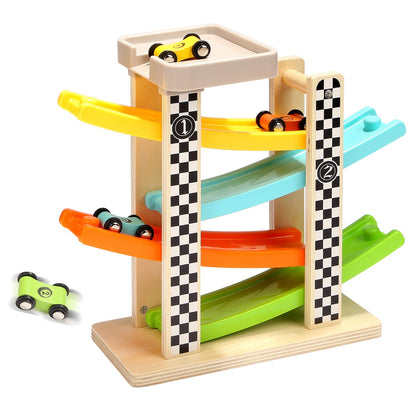 Toy vehicle set — Wooden race track with 4 mini cars for toddlers 1-2 years old