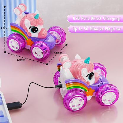 Kikikid Unicorn remote control car — 360° rotating 4WD stunt vehicle with lights and rechargeable battery.
