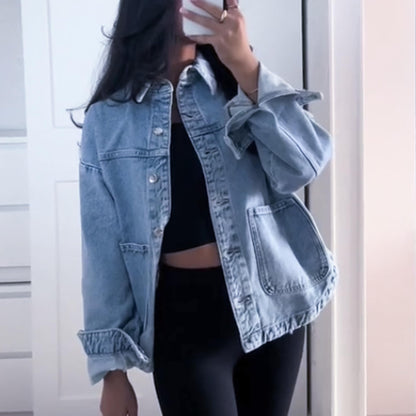 Hixiaohe coat - oversized denim jacket with pockets for women