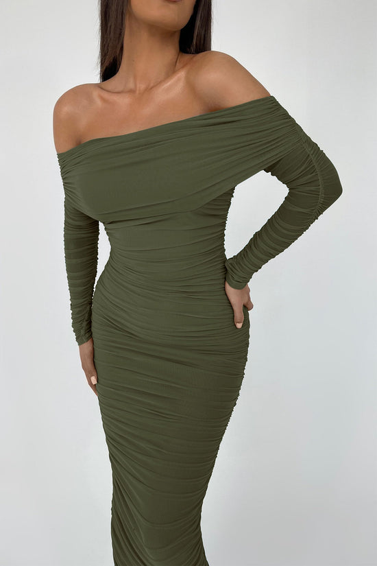 Dress — Off the shoulder maxi dress with ruched fitted bodycon design and slit