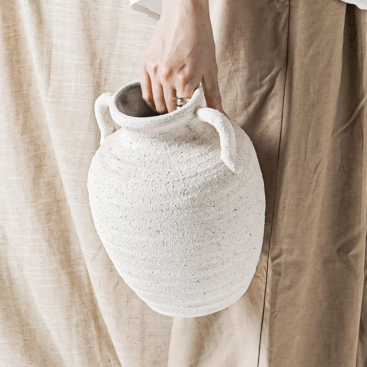 White Ceramic Vase with Handles, 9.5Inch, Farmhouse Rustic, Gritstone White