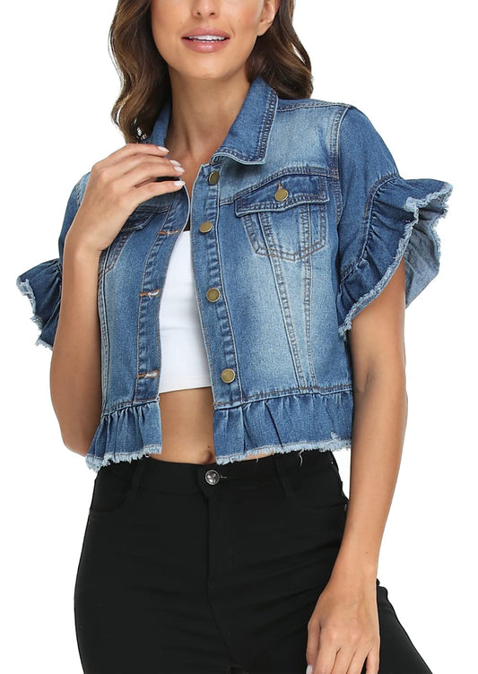 MISS MOLY women's denim jacket - ruffle sleeve design and distressed finish