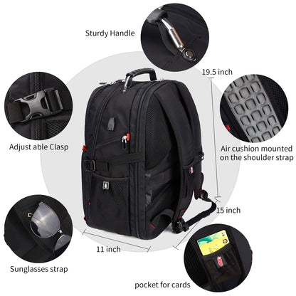 SHRRADOO travel backpack with combination lock for 17 inch laptops, 50L capacity