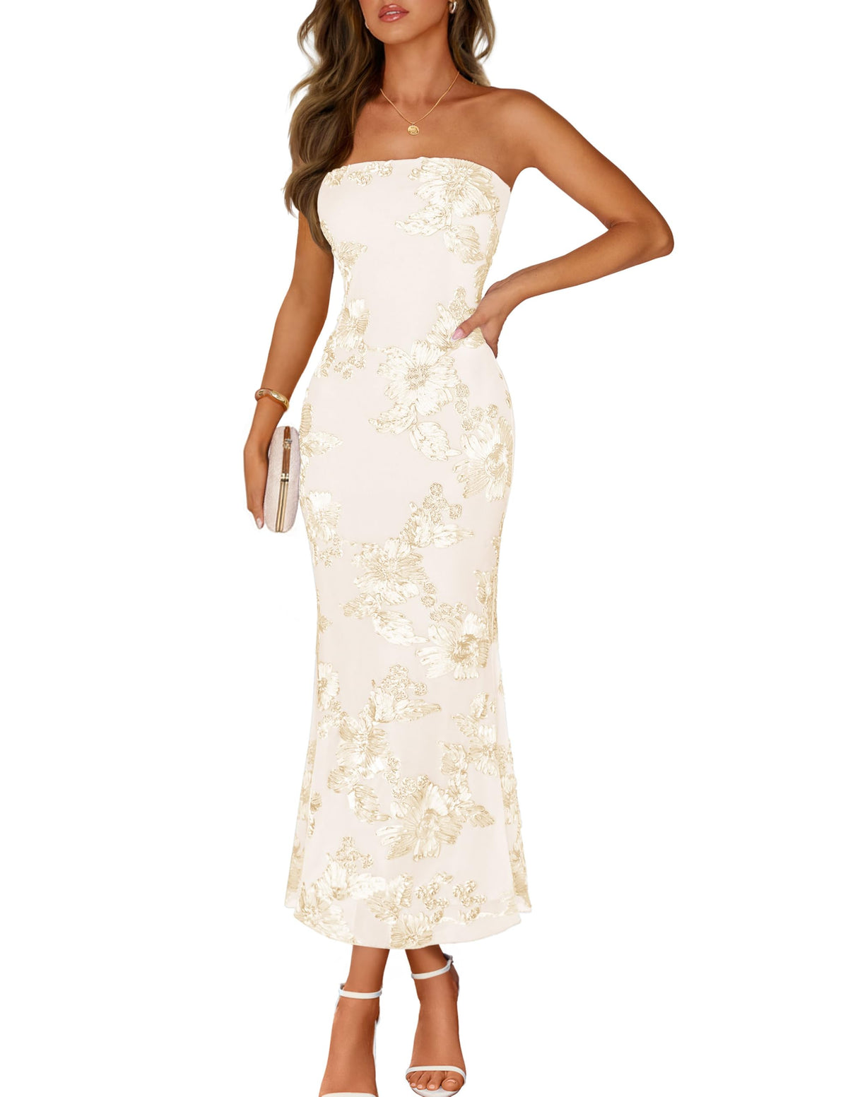 MEROKEETY floral strapless maxi dress - summer mesh tube bodycon style.