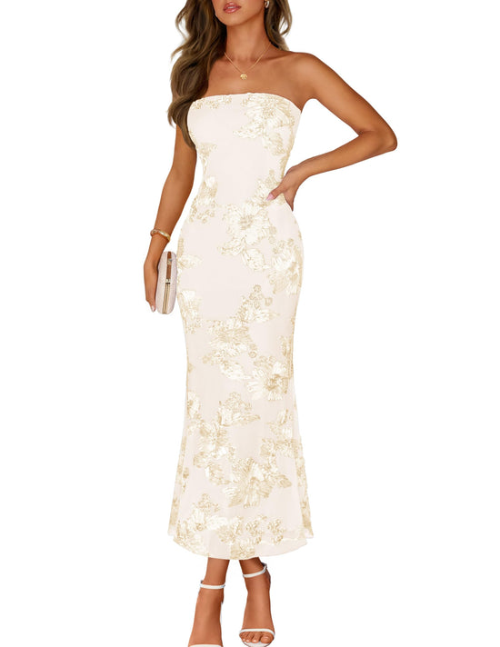 MEROKEETY floral strapless maxi dress - summer mesh tube bodycon style.