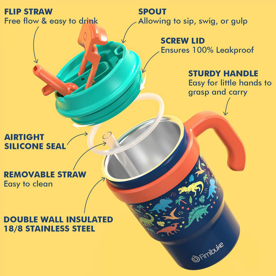 Fimibuke kids drinking cup — insulated with handle and straw, 16oz, BPA free stainless steel