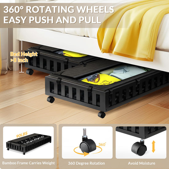 Gashell under bed storage boxes with wheels - bamboo design, 2 pack, 39”x20”x7.8”