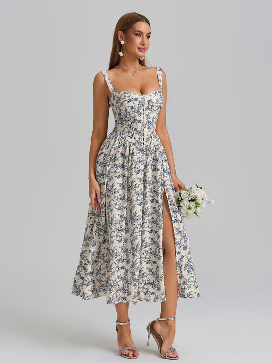 KUTUMAI floral corset midi dress with pockets and slit