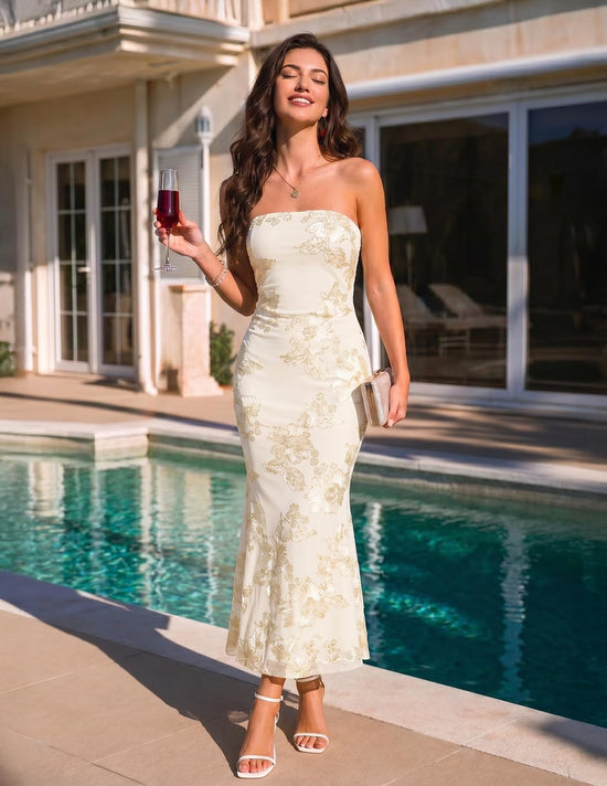 MEROKEETY floral strapless maxi dress - summer mesh tube bodycon style.