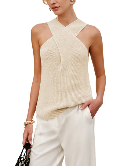 Yeokou sweater — Halter crossover collar sleeveless top in solid color