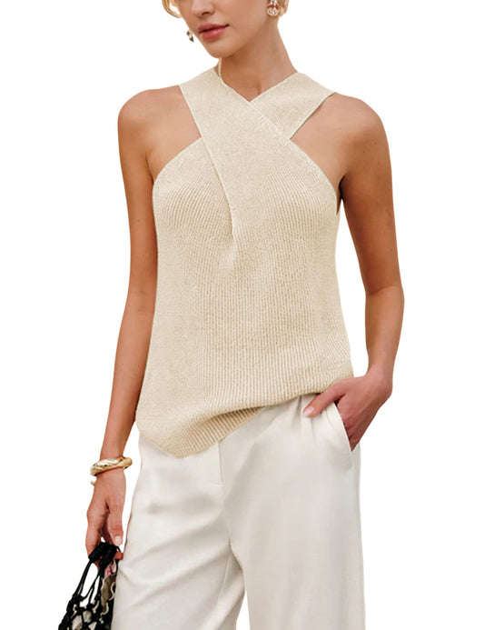 Yeokou sweater — Halter crossover collar sleeveless top in solid color