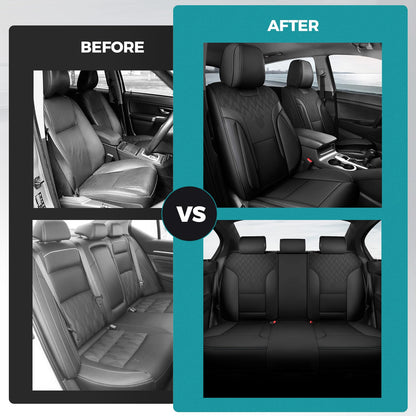 FEINEPRO Black Car Seat Covers Full Set - Breathable Faux Leather Universal 5 Seat Covers for Cars, Automotive Protector Fit for Most Sedan SUV Pick-up Truck