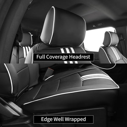 EKR F150 seat covers — custom fit faux leather in black with white trim