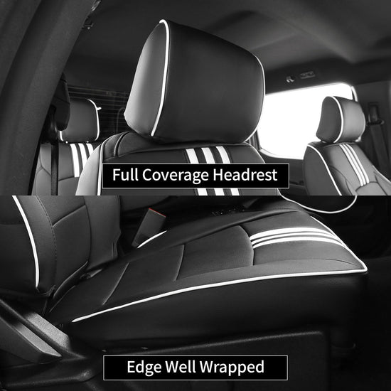 EKR F150 seat covers — custom fit faux leather in black with white trim
