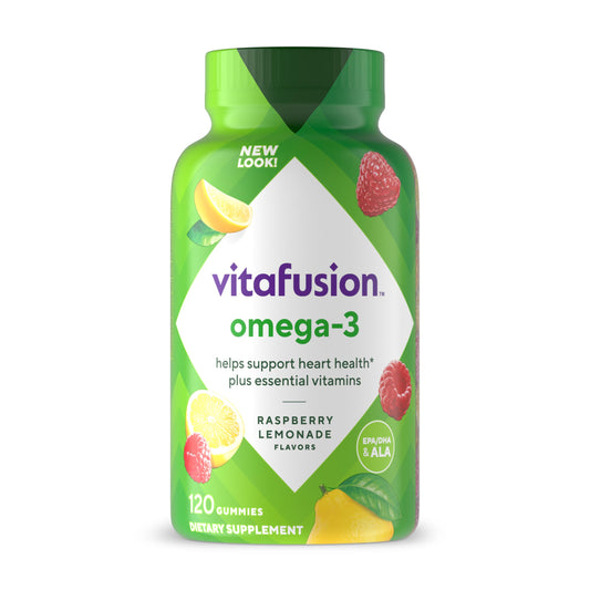 Vitafusion Omega-3 gummy vitamins - Berry lemonade flavor with EPA/DHA and vitamins A, C, D, E, 120 count.