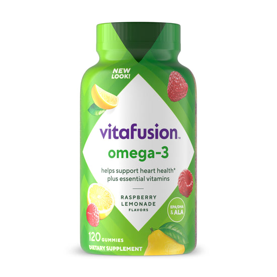 Vitafusion Omega-3 gummy vitamins - Berry lemonade flavor with EPA/DHA and vitamins A, C, D, E, 120 count.