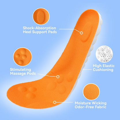 Steppers Insoles for Men & Women, 2026 New 4D Memory Foam Cloud Footstr Insoles, Comfortable & Breathable Massage Shoe Inserts with Arch Support for Foot Pain & Fatigue (Orange, US M 7-11/W 8.5-13.5)