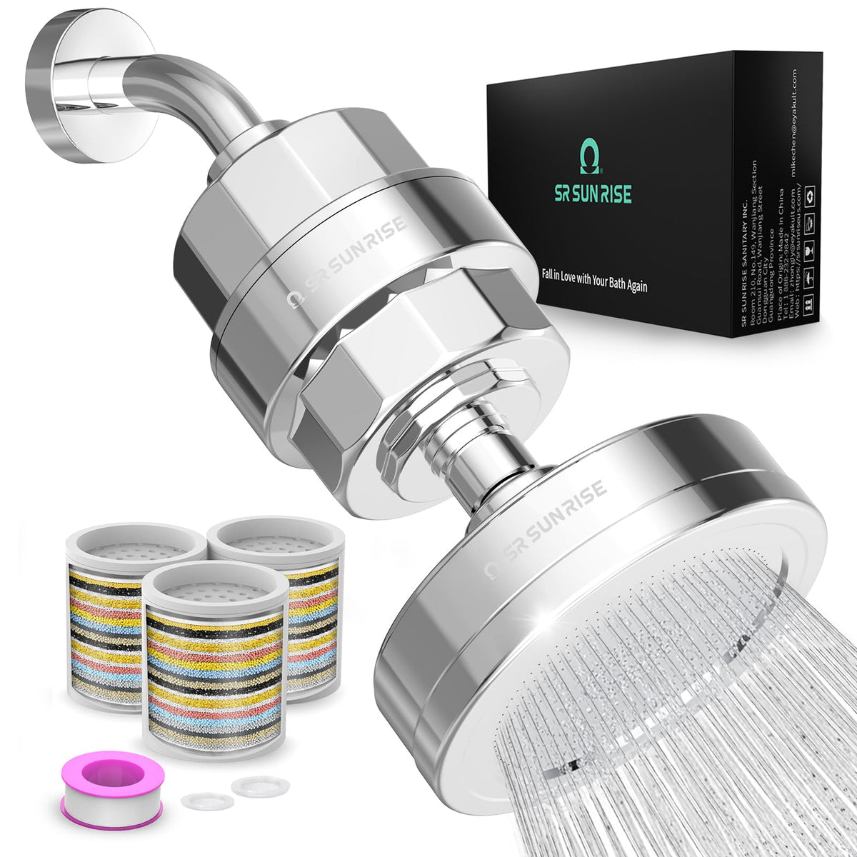 SR SUN RISE showerhead with 3 filter cartridges for hard water and chlorine removal