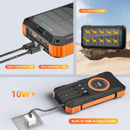 YOLOSKS Solar Charger Power Bank 49800mAh Wireless Portable Phone Charger, 22.5W QC3.0 Fast Charging Built in 4 Cables with USB C 6 Outputs & 2 Inputs for All Cell Phone