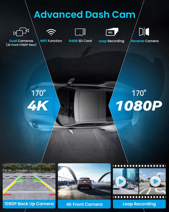 GPS or navigation system — Portable Apple Carplay screen with 10 inch display and 4K dash cam