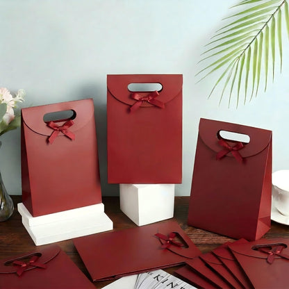 Viongna 12Pcs Kraft Paper Bags with Handles Paper Gift Bags Stand Up Gift Bag with Bow Tie Gift Bag for Candy Cookies Packaging Wedding Christmas Party Red 5.5"x2.8"x7.9"